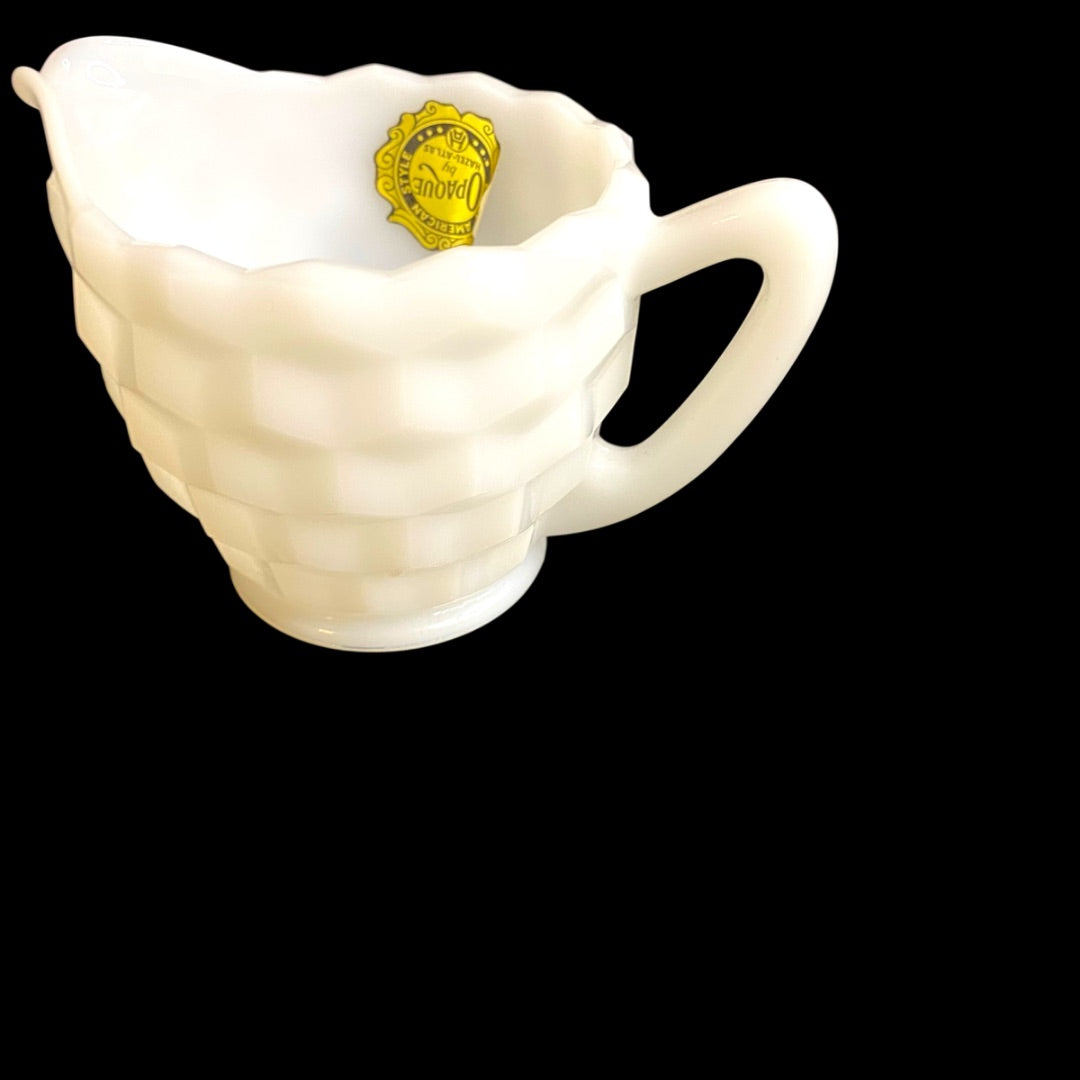 Hazel-Atlas Opaque Milk Glass Creamer with Sticker Starburst Geometric Design