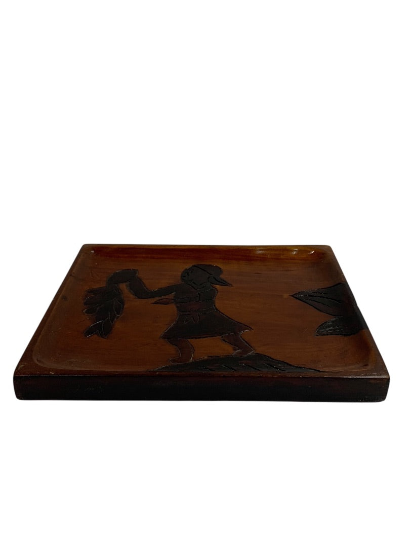 Vintage Wooden Tray Carved Silhouette Design 10" x 7.75"