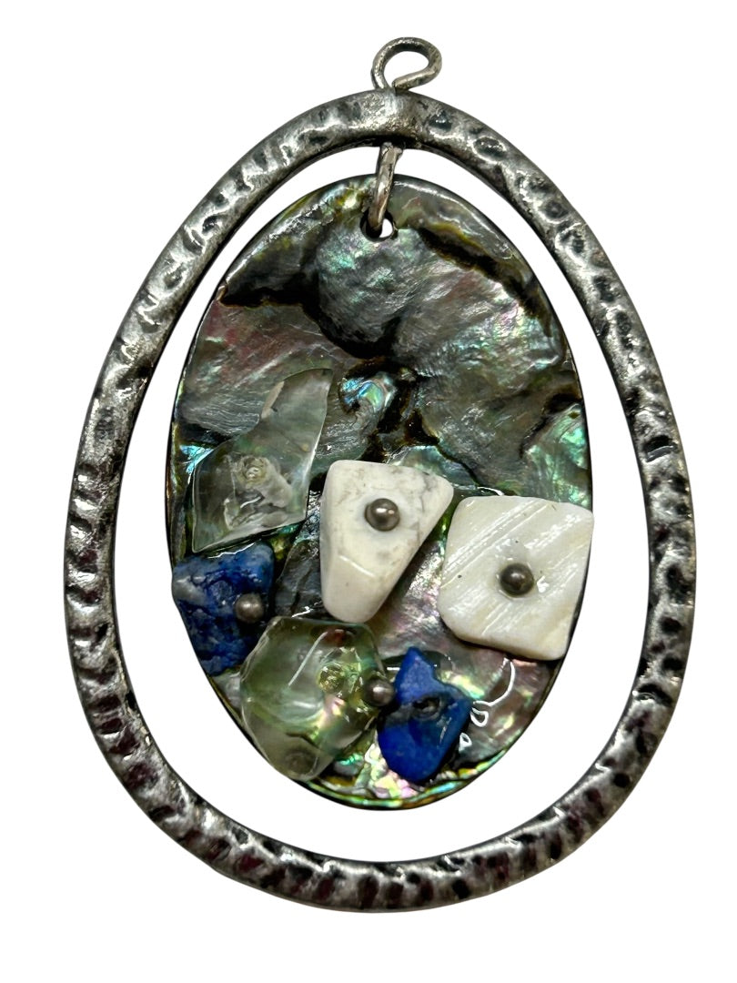 Reversible Pendant Mother of Pearl Silvertone Hammered 1.5"