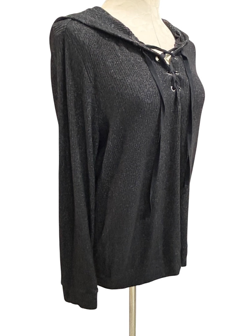 Large Market & Spruce Pullover Hoodie Soft Knit Lace Up Neckline Charcoal