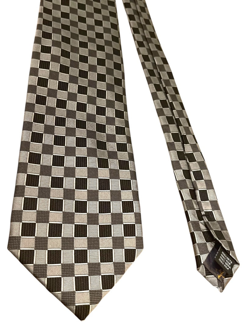 Valerio Garati Pure Silk Hand Made Square Pattern Tie Mens Necktie Black Gray