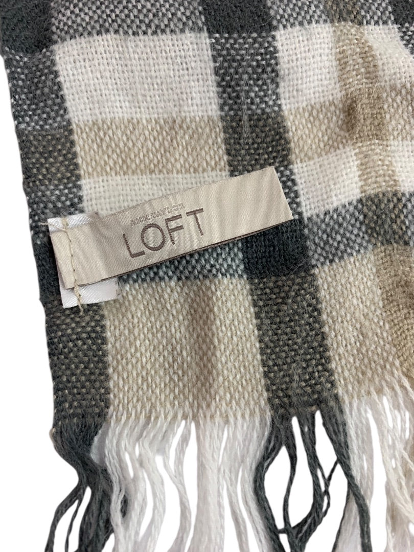 Loft Womens Plaid Winter Scarf Soft Gray Tan Fringed 43" x 9.5"