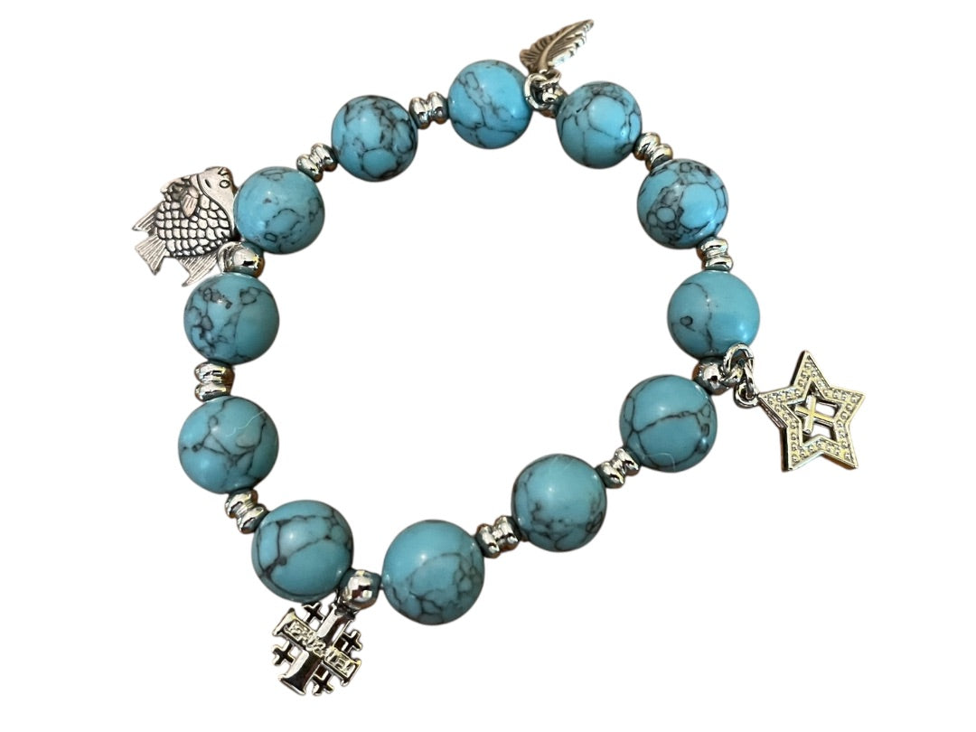 Beaded Stretch Silvertone Fish Feather Star Jerusalem Cross Bracelet Blue NWOT