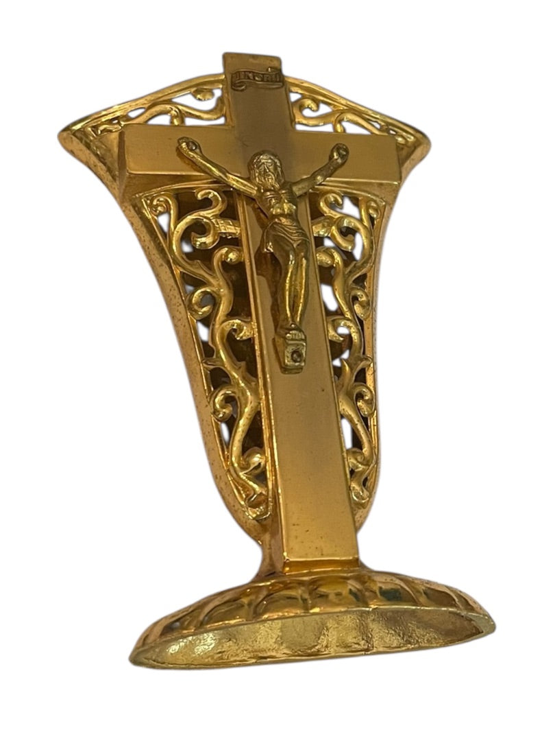 Goldtone Crucifix Vase Decor Scrolled Open 5.5"h