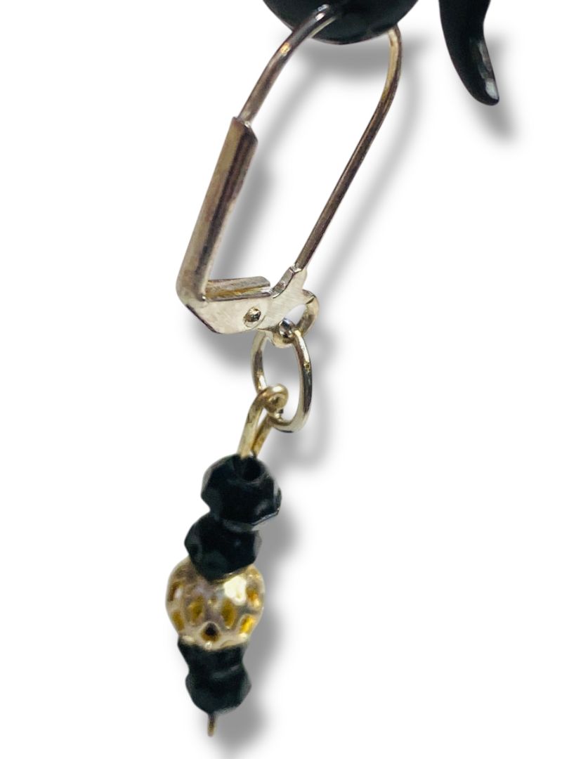 Silvertone Black Beaded Pierced Leverback Earrings 2" Drop Dangle