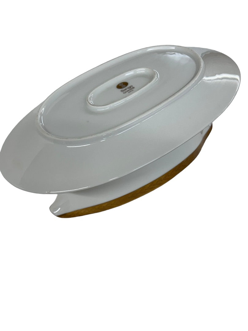 Sango Royalty Pattern White Gold Trim Gray Boat with Attached Underplate 1970s