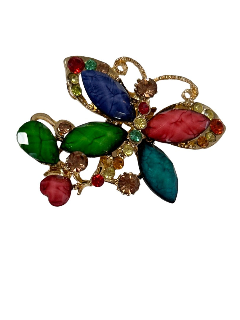 Ornate Multicolor Goldtone Crystal Embellished Butterfly Brooch Pin 1.5"