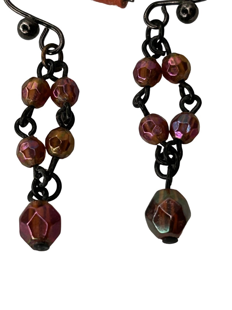 Purple Black 1.25" Beaded Earrings Hook Pierced 1.25" Drop Dangle