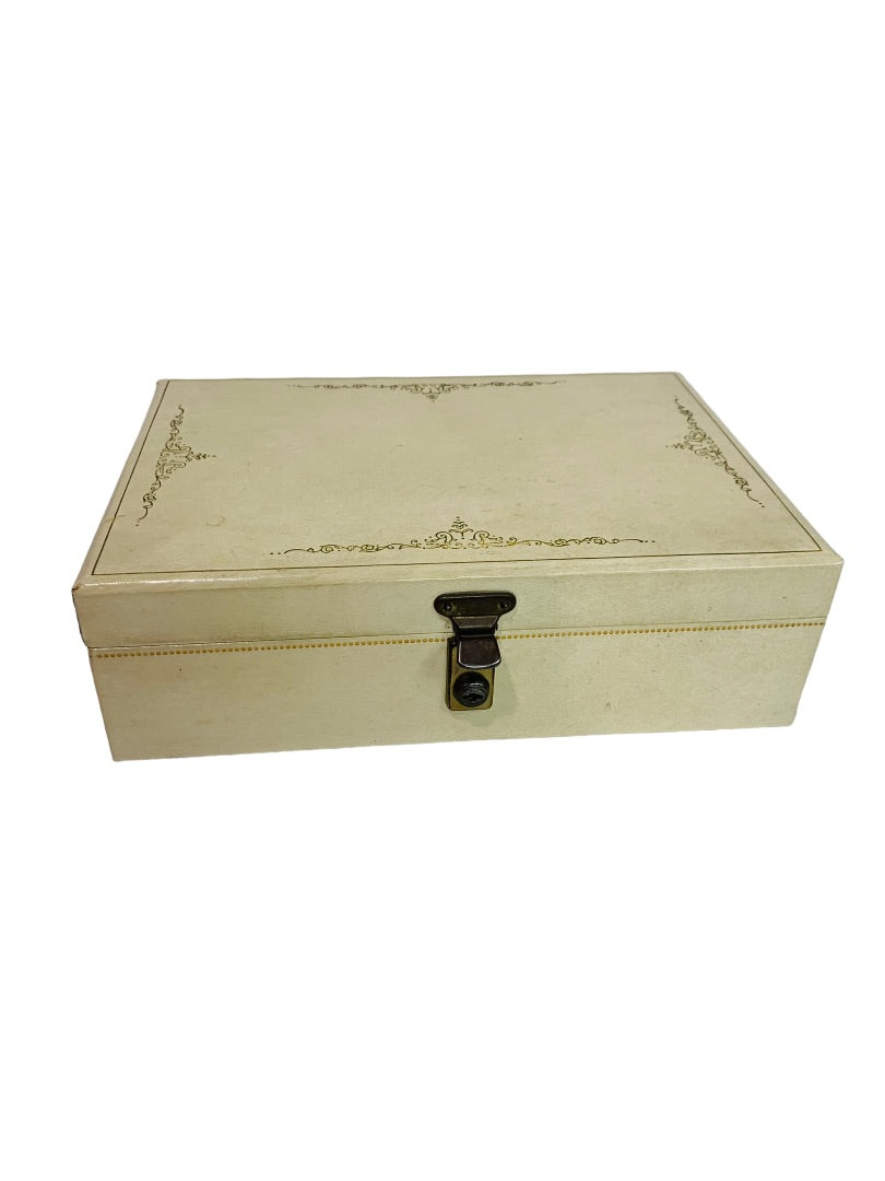 1950s Cream Beige Jewelry Box Red Lining Pop Up Tray Retro