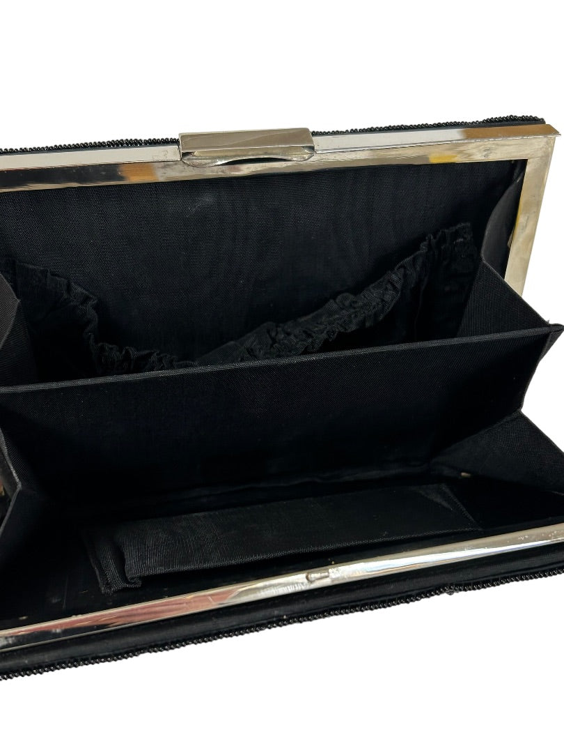 Vintage 1960s Beaded Black Satin Clutch Purse Hinged 7.5" x 5"