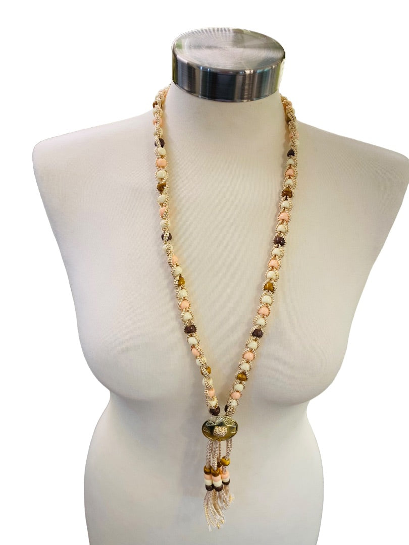 Braided Plastic Bead Necklace 32" Overhead Goldtone Pink Brown Lightweight 5" Tassel