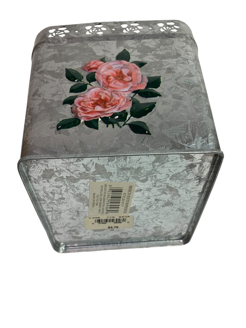 Square Galvanized with Embossed Roses Diecut Planter Vase Cottage 6 Inch New