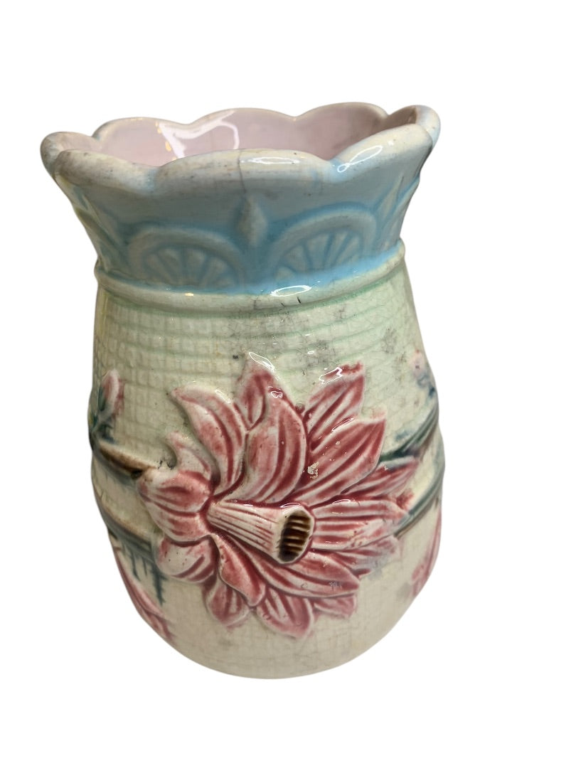 Antique Majolica Floral Vase 5.25 Inch Pink Blue Marked "H"