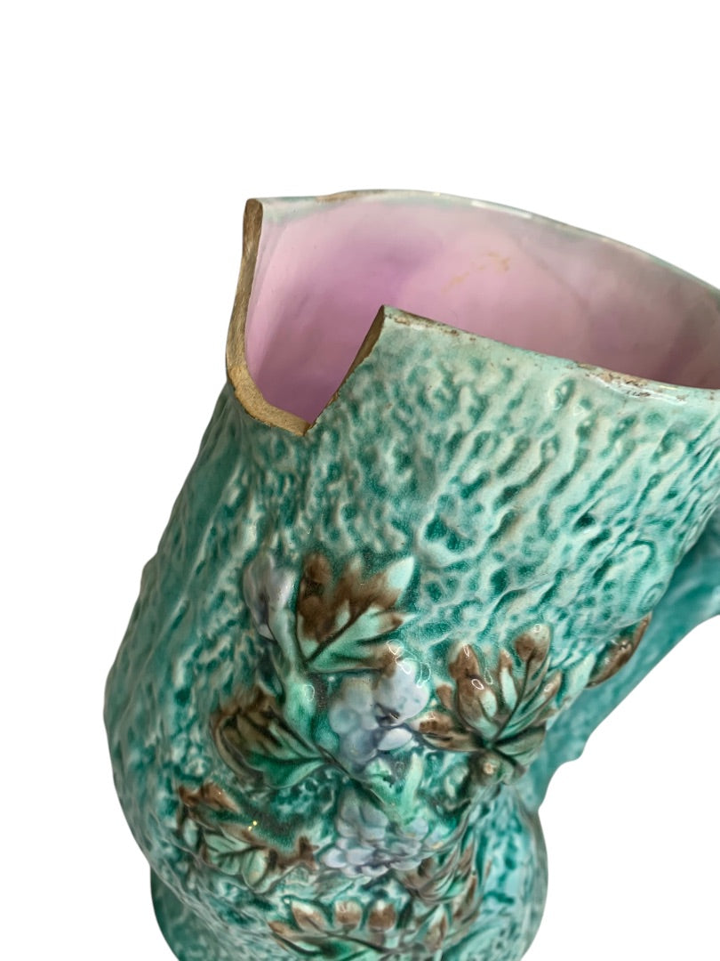 Antique Majolica Turquoise Adirondak Tree Trunk Pitcher Missing Spout
