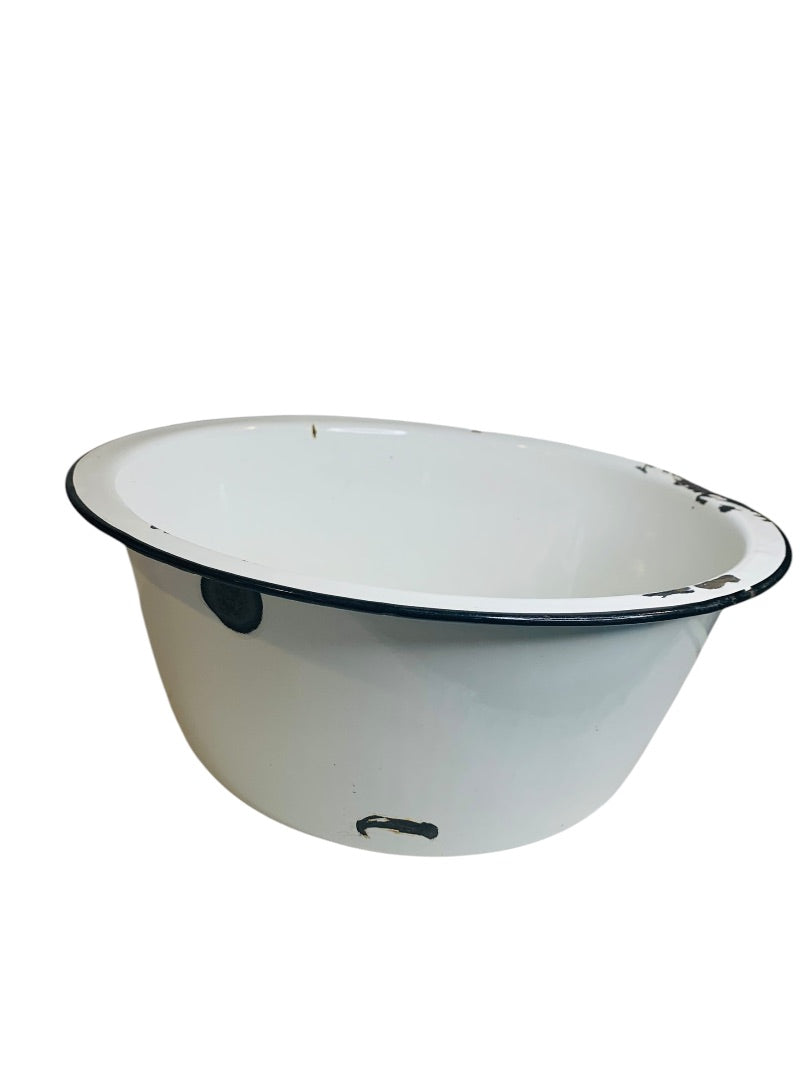 Vintage 14 Inch Round Enamelware Black White Tub