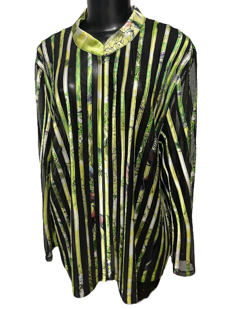 24W JS Collection Woman Striped Floral Sheer Longsleeve Zipper Shirt