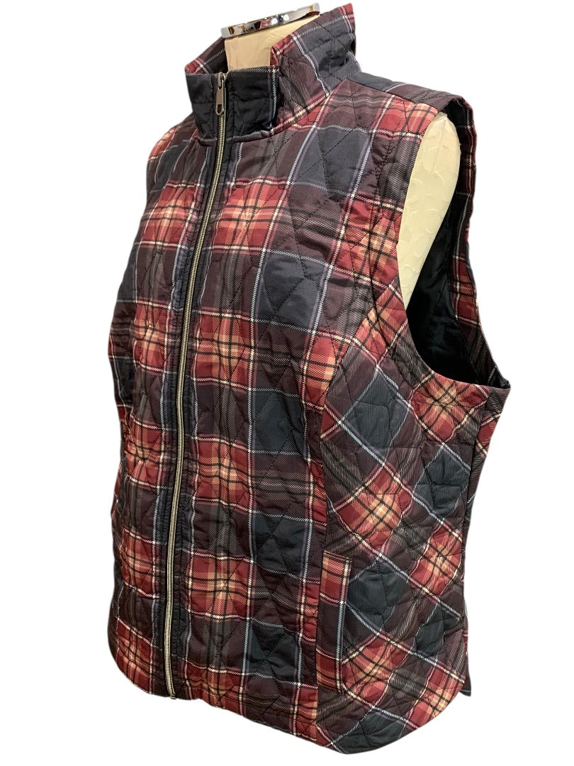 2X CJ Banks Womens Plaid Quilted Zip Up Vest Red Black