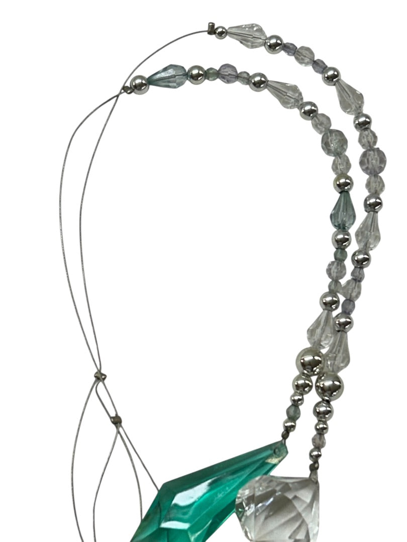 Two Wire Acrylic Beaded Haning Prisms Clear Teal Silvertone 14.5 Inch