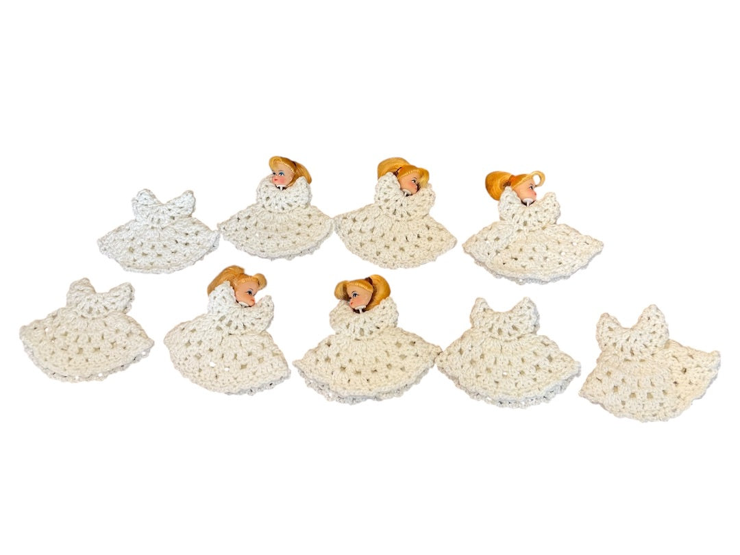 9 Crochet Angel Dresses with 5 Doll Heads Christmas Ornament 3 1/2" x 4 1/2"