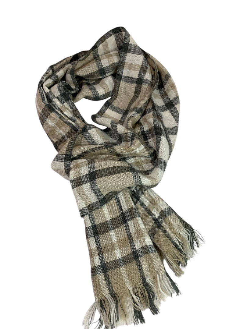 Loft Womens Plaid Winter Scarf Soft Gray Tan Fringed 43" x 9.5"