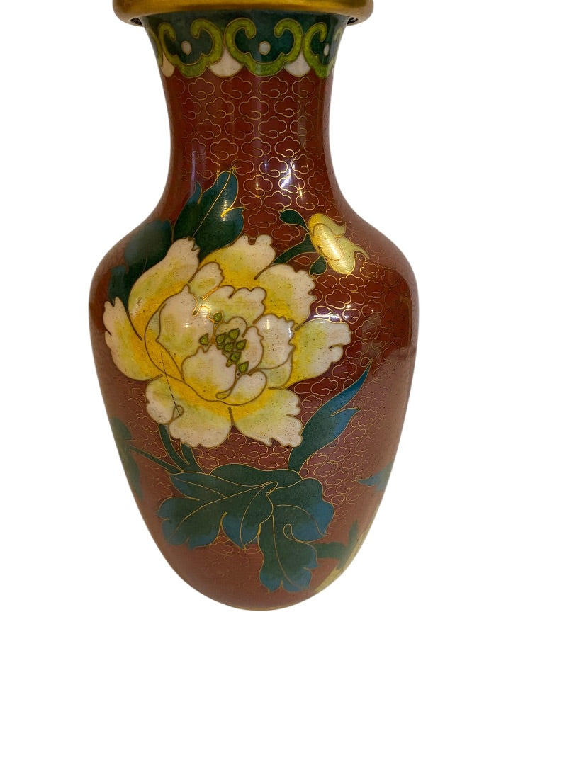 Vintage Oriental Yellow Peonies Enamel Cloisonne Vase 7"