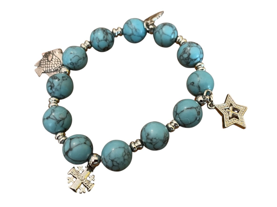 Beaded Stretch Silvertone Fish Feather Star Jerusalem Cross Bracelet Blue NWOT