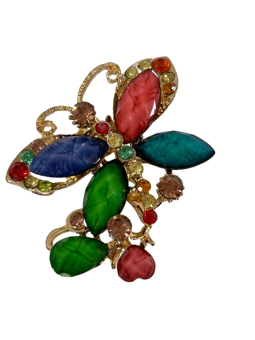 Ornate Multicolor Goldtone Crystal Embellished Butterfly Brooch Pin 1.5"
