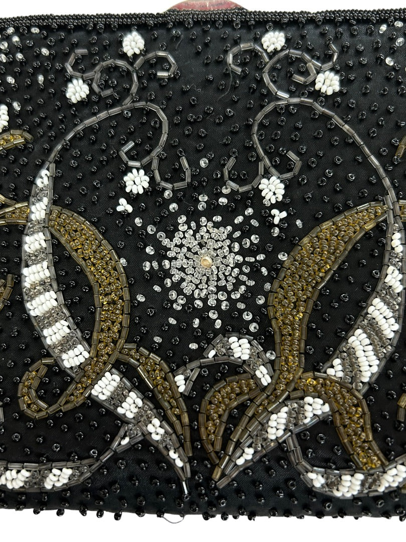 Vintage 1960s Beaded Black Satin Clutch Purse Hinged 7.5" x 5"