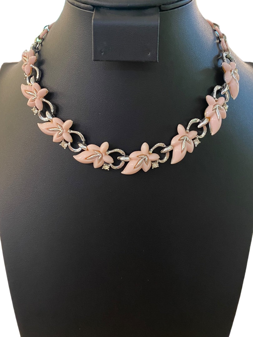 Vintage 13-15" Necklace Hook Closure Pink Plastic Leaf Silvertone
