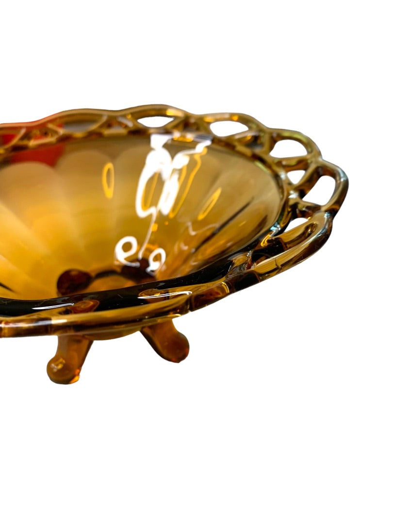 Pitman Dreitzer Lancaster Colony 1960s Amber Three Footed Glass Bowl 7.5"
