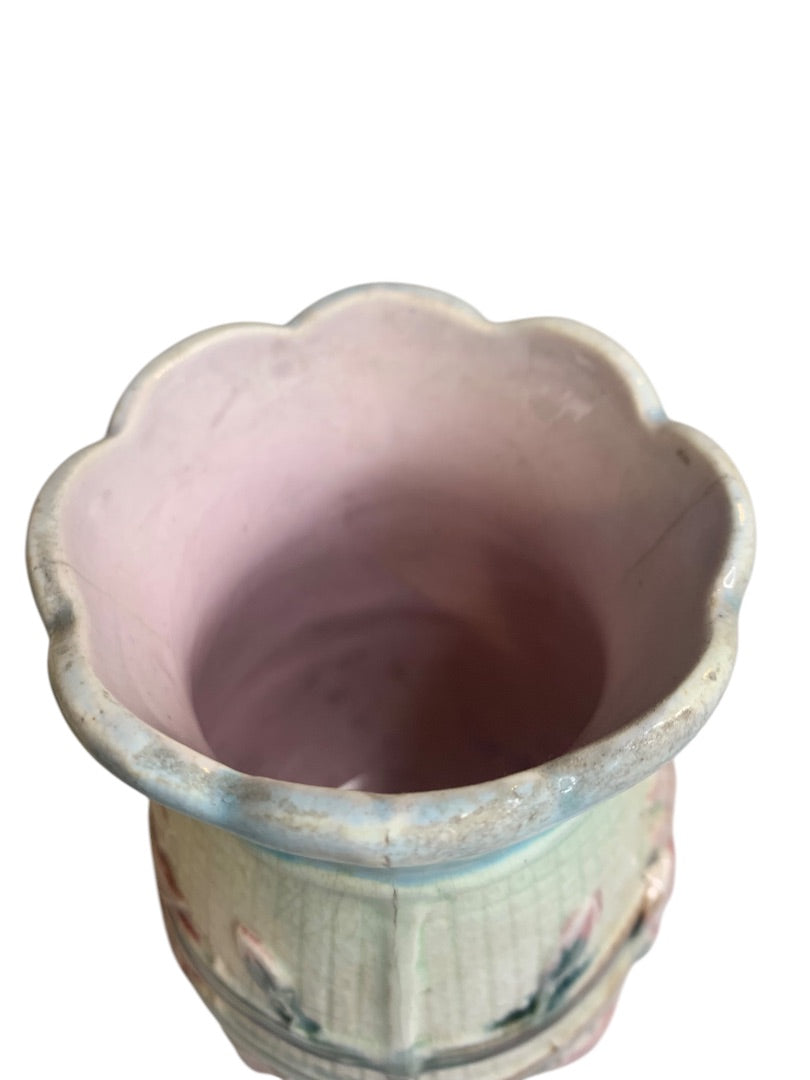Antique Majolica Floral Vase 5.25 Inch Pink Blue Marked "H"