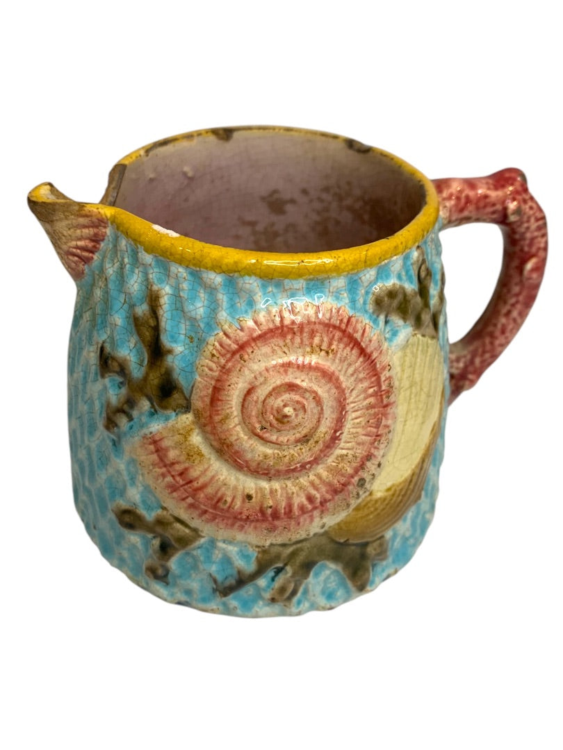 Antique Majolica Creamer Pitcher Fielding Shell Fishnet Turquoise Victorian England