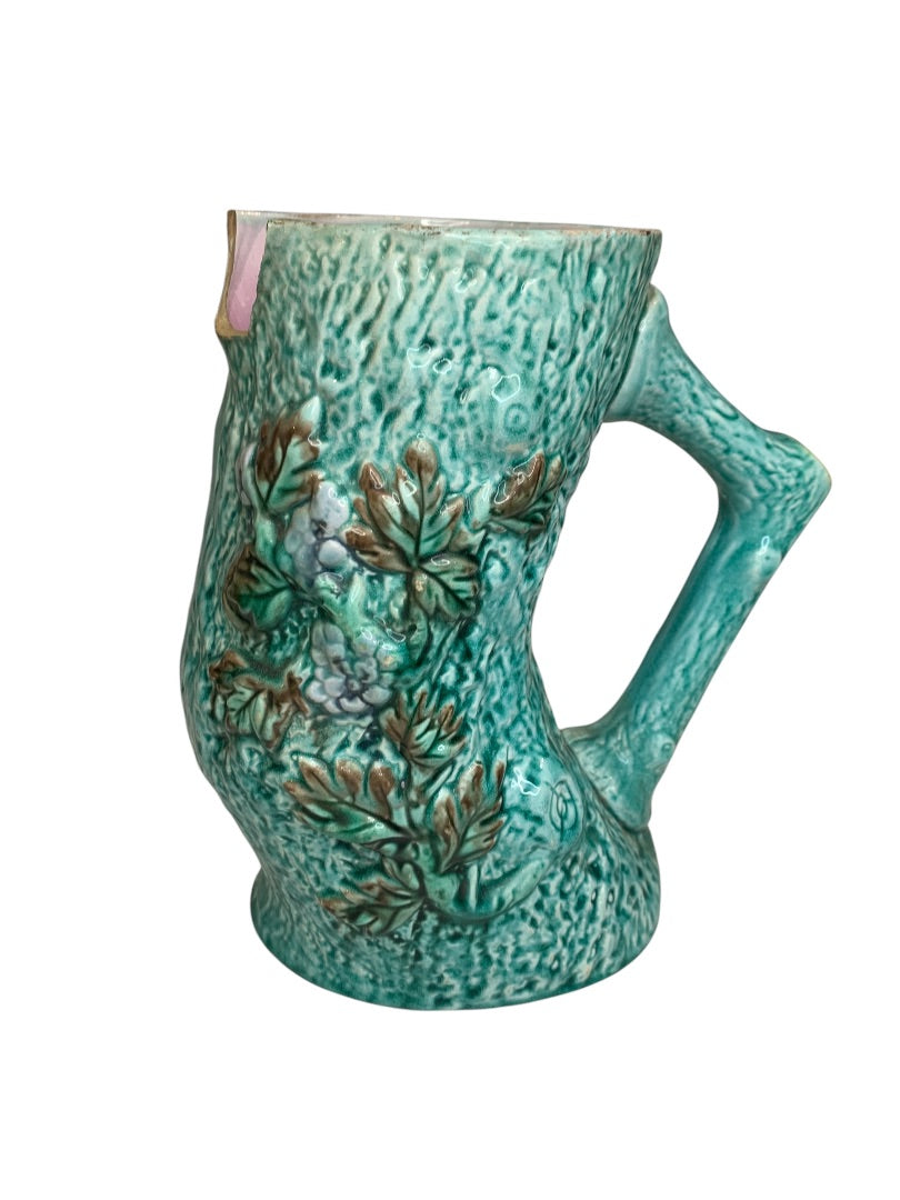 Antique Majolica Turquoise Adirondak Tree Trunk Pitcher Missing Spout