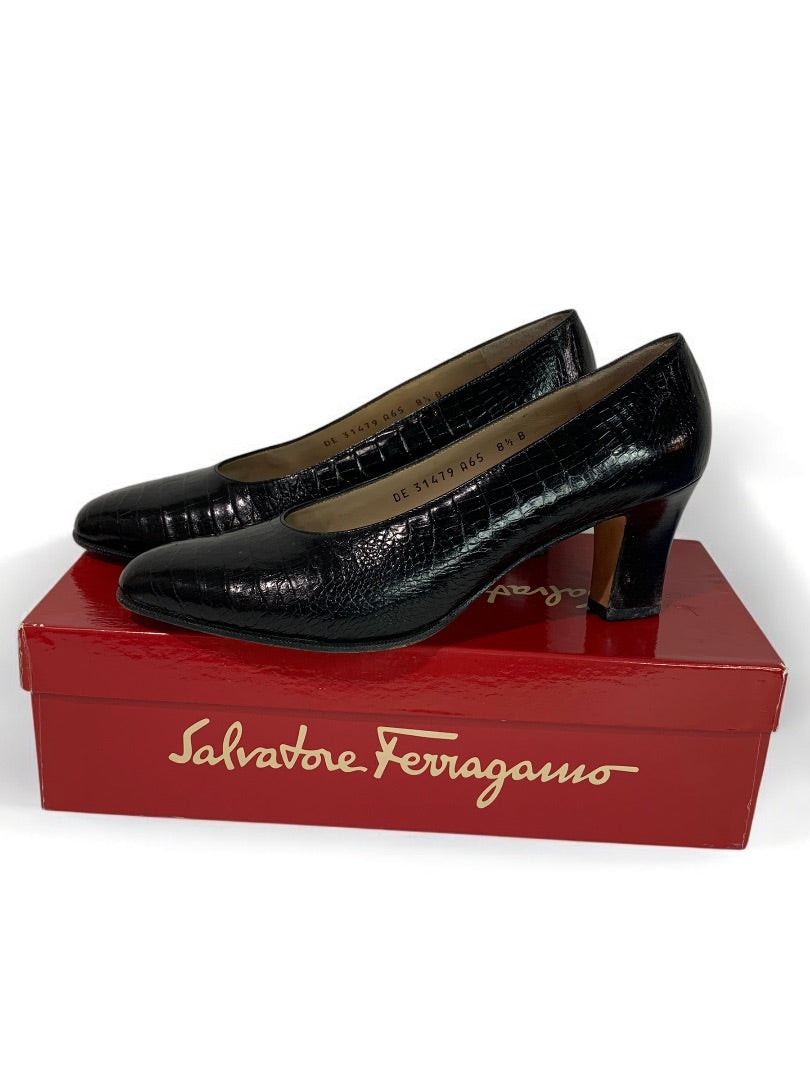 Size 8.5 Salvatore Ferragamo Womens Pumps Nilla Black Croc