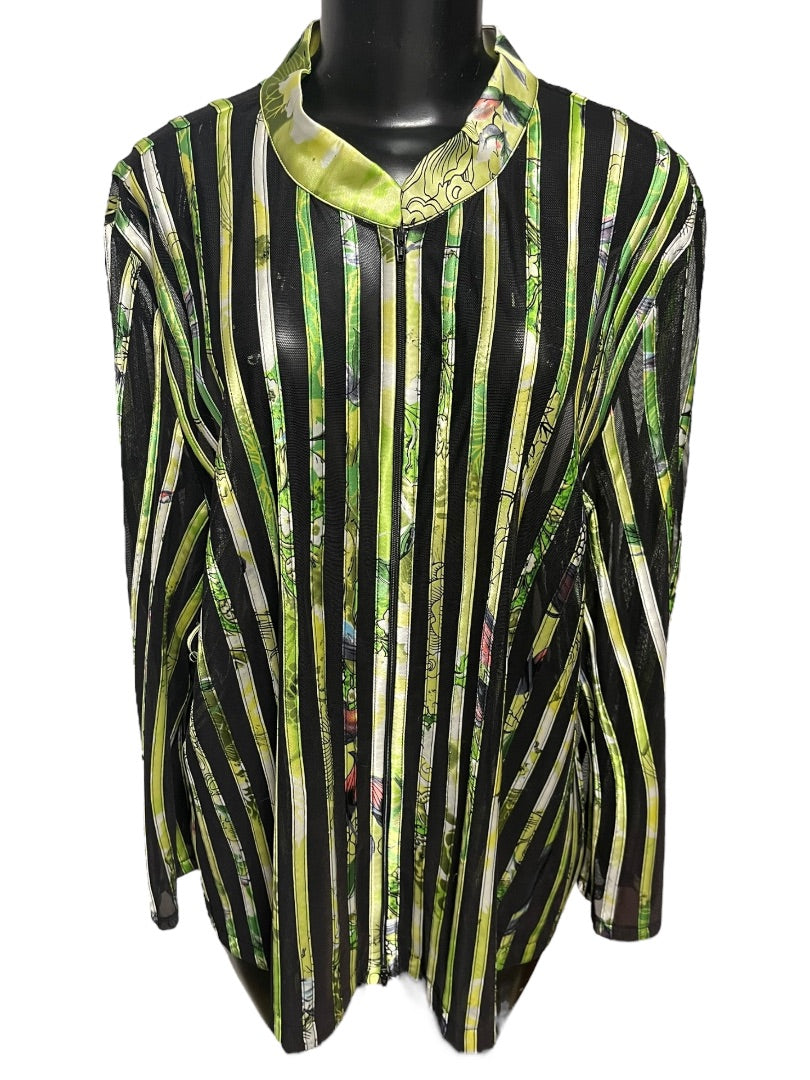 24W JS Collection Woman Striped Floral Sheer Longsleeve Zipper Shirt