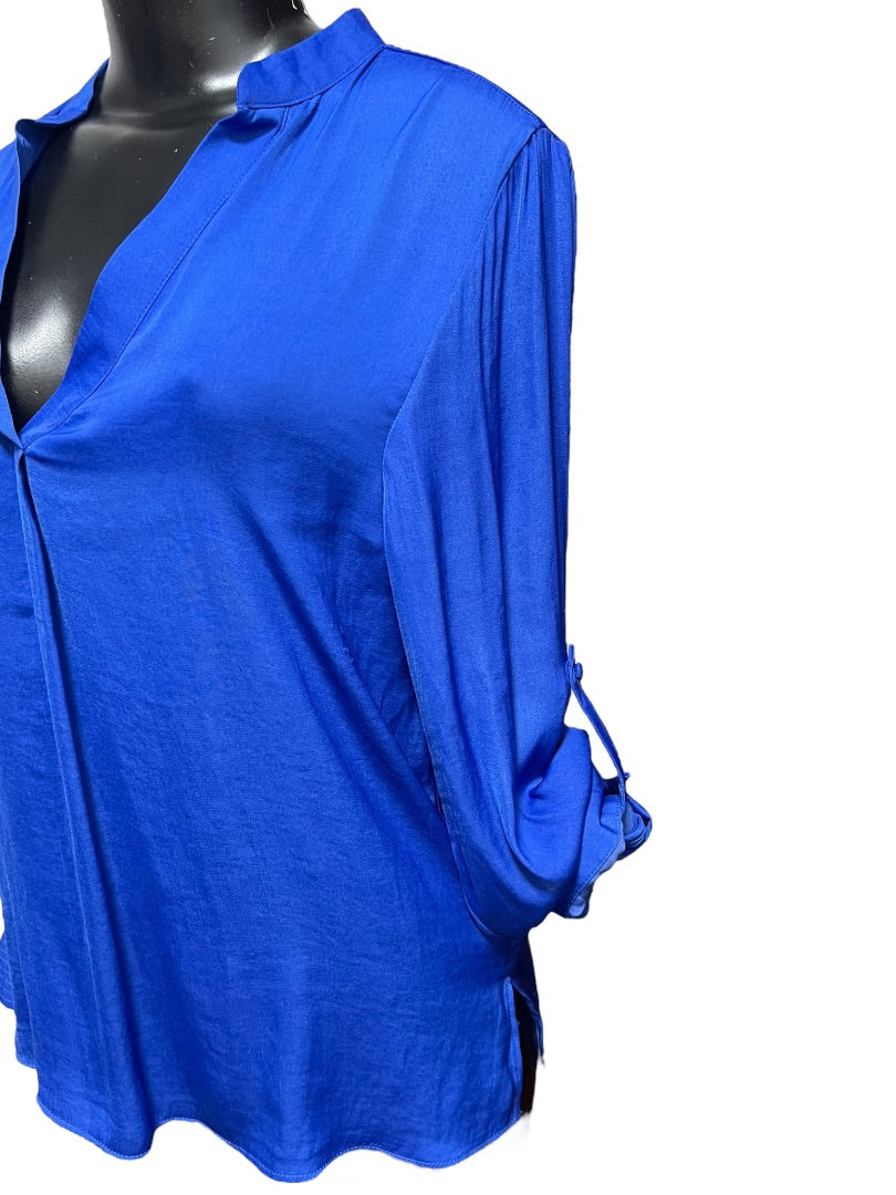 Small Naked Zebra Roll Tab Sleeve Womens Blouse Top Royal Blue