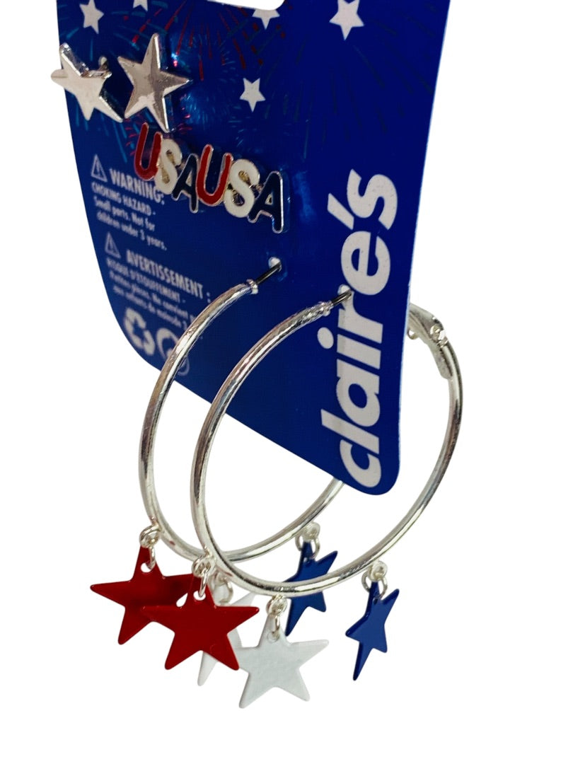 Claires New Set of 3 Pierced Earrings USA Patriotic Silvertone