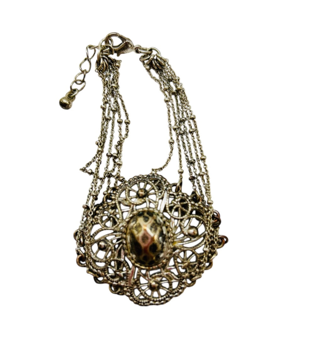 1960s Signed NRI Silvertone Bracelet Art Deco Inspired 7.25-8.5"