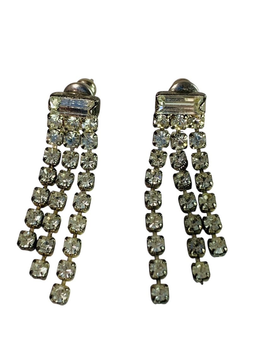 Vintage Silvertone Rhinestone Earrings Post Pierced Swag Movement 1.25" Drop