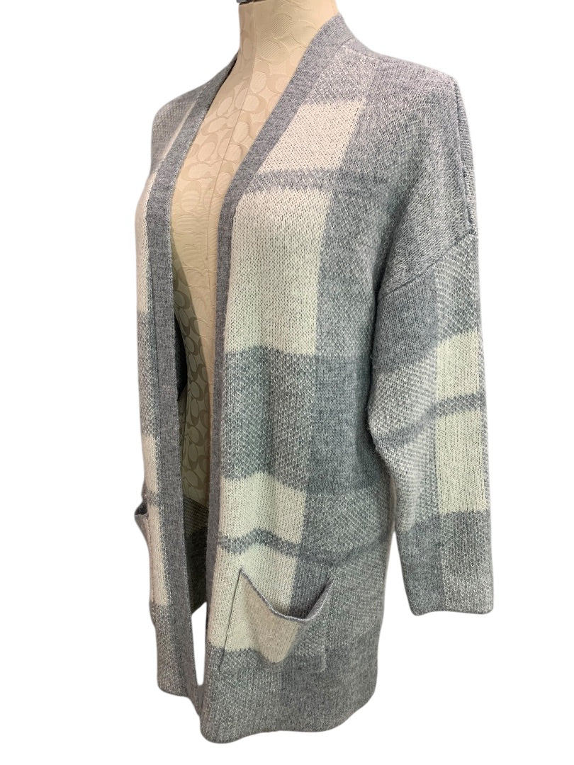 XS American Eagle Womens Open Cardigan Sweater Long Pockets Gray Plaid Wool Blend