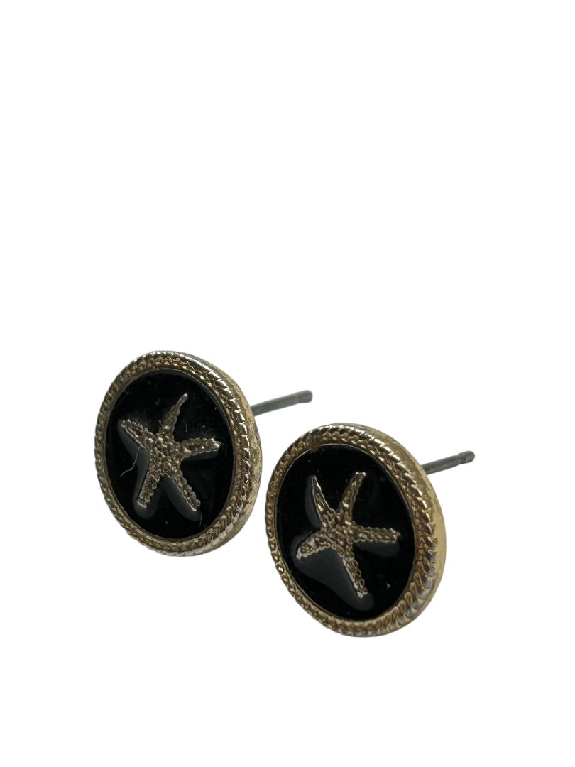 Small Silvertone Post Pierced Earrings .5 Inch Starfish Black Enamel
