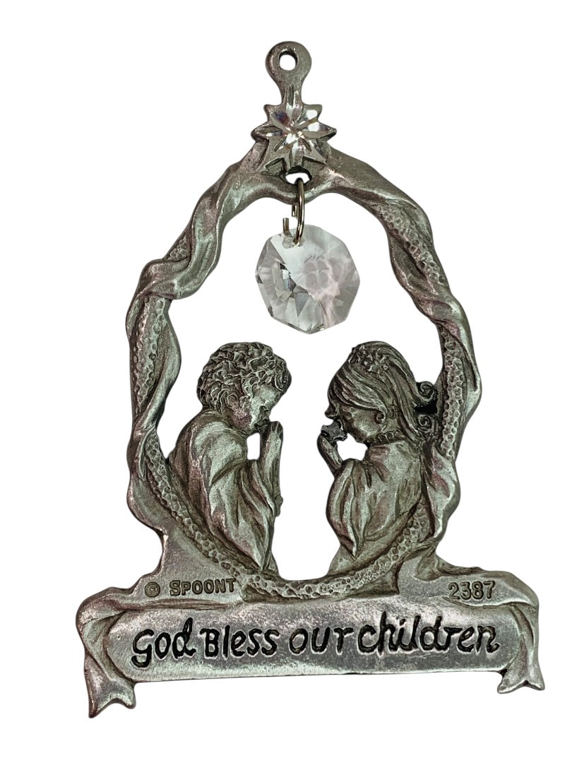 Spoontiques Pewter Ornament Suncatcher Prism God Bless Our Children 3.25" #2387