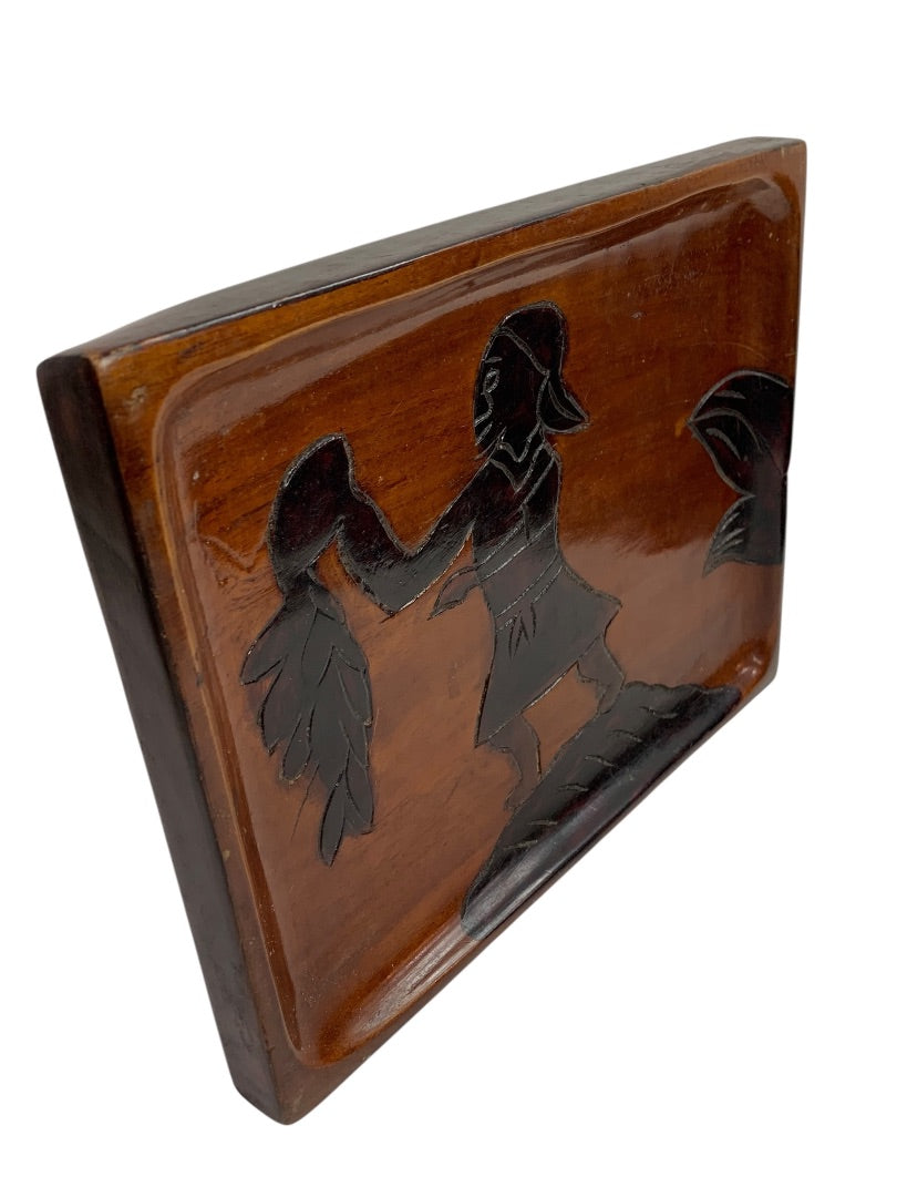 Vintage Wooden Tray Carved Silhouette Design 10" x 7.75"
