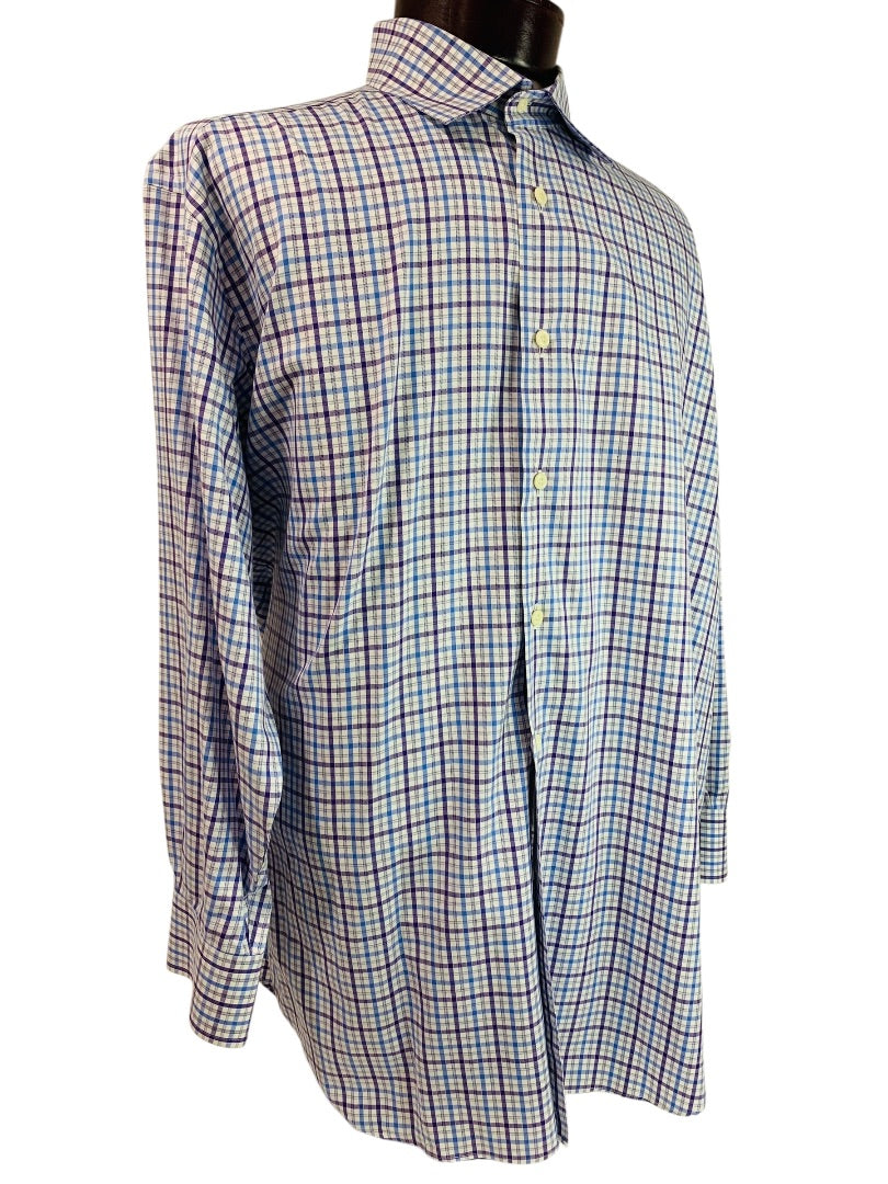 17.5 (32/33) David Donahue Mens Button Up Dress Shirt Plaid Purple