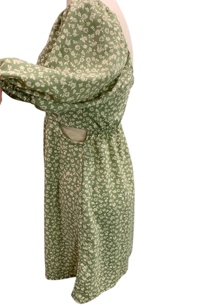 Small Altar'd State Off Shoulder Dress Pullover Green Floral Print Waist Cut Out