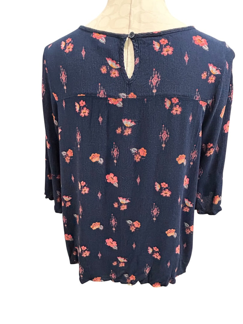Size 18.5 Mudd Girls Boho Navy Blue Pink Print Blouse Shirt Lace