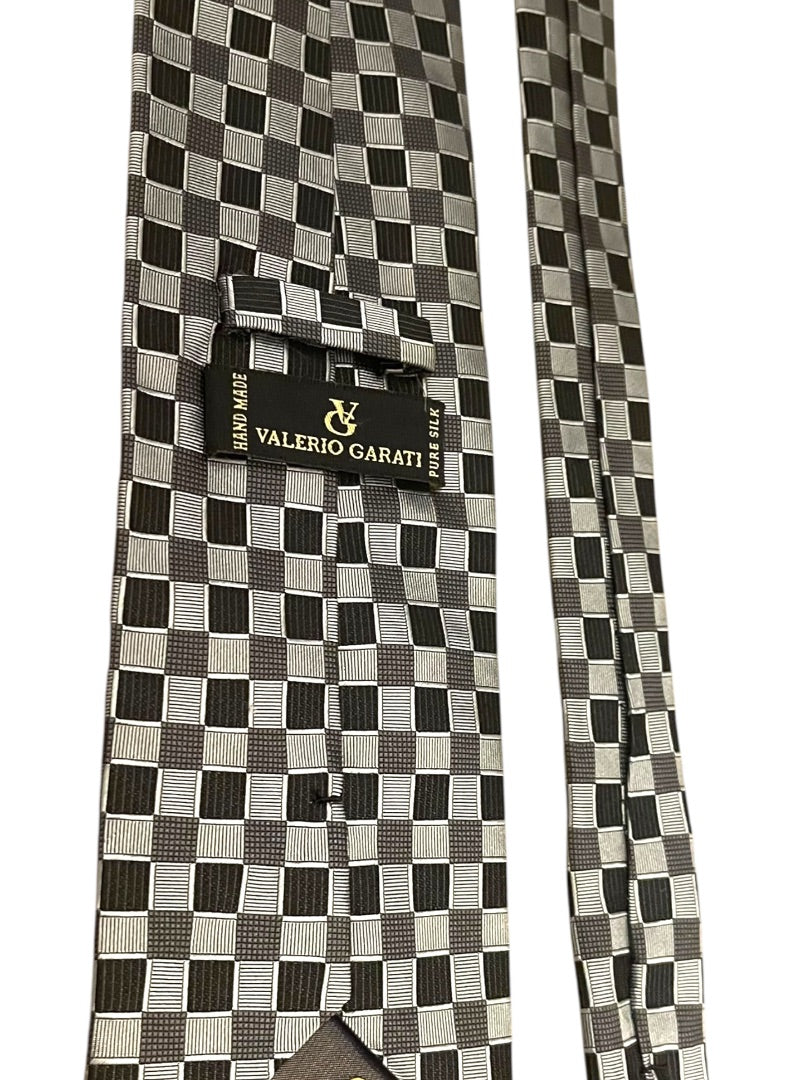 Valerio Garati Pure Silk Hand Made Square Pattern Tie Mens Necktie Black Gray