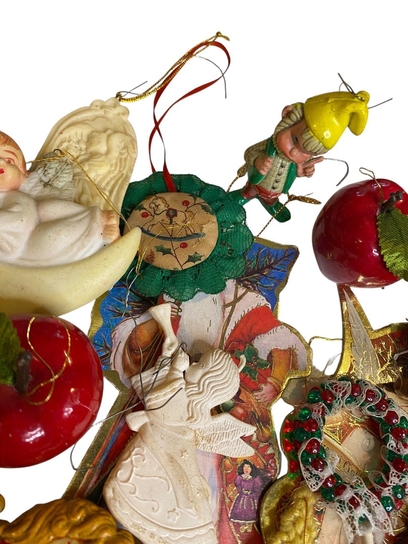 Lot of 25 Assorted Hanging Holiday Ornaments Bells Apple Drum Angel