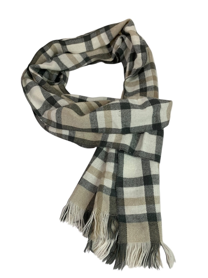 Loft Womens Plaid Winter Scarf Soft Gray Tan Fringed 43" x 9.5"