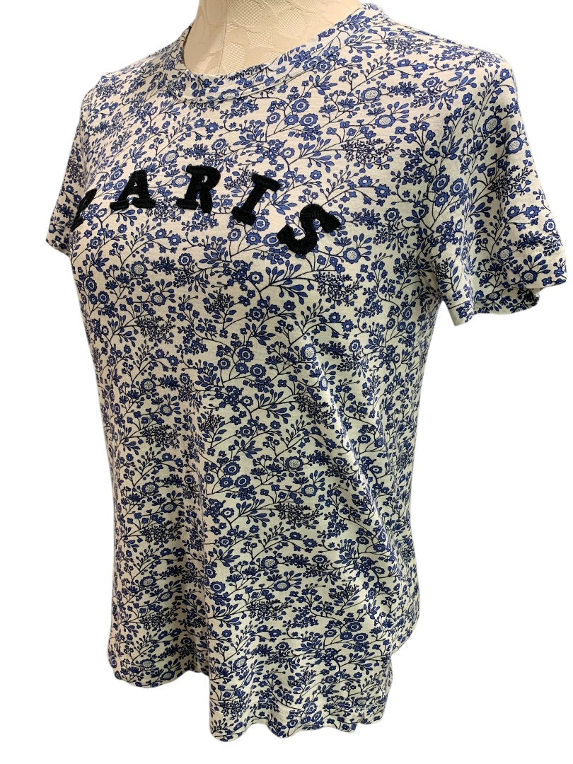 XS Loft Womens Tshirt Floral Embroidered Paris Blue